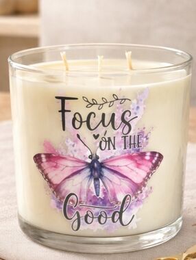 Focus On The Good Purple Butterfly 3-Wick Glass Candle